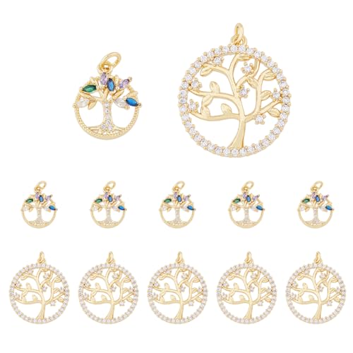 DICOSMETIC 12 Stück Lebensbaum Anhänger 18 Karat Vergoldet Runde Charms Zirkonia Baum Charms Strass Baum Charms Mit Biegering Für Die DIY Schmuckherstellung, Bohrung: 3mm von DICOSMETIC