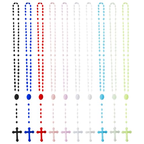 DICOSMETIC 120 Stück 10 Farben Kreuz-Halsketten Plastik Rosenkranzkette 22.05 Zoll (56cm) Großpackung Plastik Rosenkranzperlen Sortiment Kreuzrosenkränze Ostergeschenk von DICOSMETIC