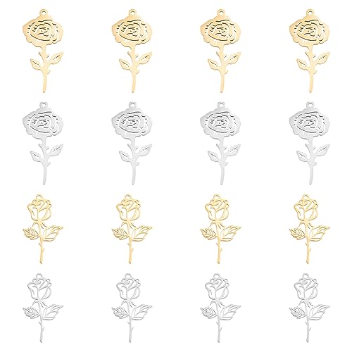 DICOSMETIC 16 Stück 2 Stile Hohler Rosen-Blumen-Charm Goldener Blumen-Anhänger Geburtsmonat Blumen-Charm Offener Rücken Lünette Anhänger Edelstahl-Charm Für Die Schmuckherstellung Valentinstag von DICOSMETIC