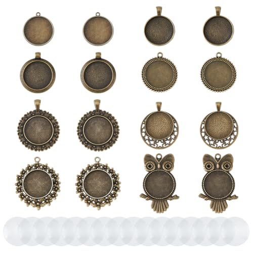 DICOSMETIC 16 Stücke 8 Stile Runde Lünette Anhänger Schalen Eulen Blumen Mond Anhänger Schalen Cabochon Leere Basis Legierung Leere Anhänger Kits Mit 16 Stücke Klare Glas Cabochons von DICOSMETIC