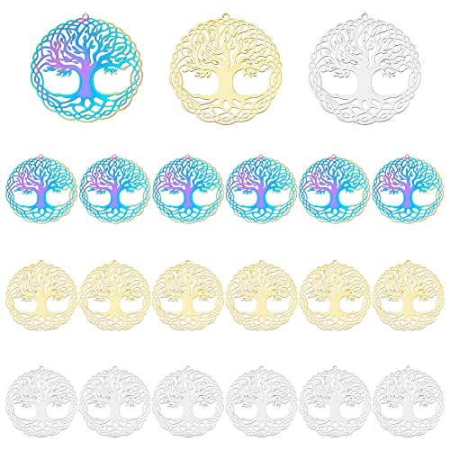 DICOSMETIC 18 Stück 3 Farben Baum des Lebens Anhänger Flach Rund Mit Baum Charme Hohl Glücksbringer Geätzte Metall Verzierungen Metall Anhänger Für Die Schmuckherstellung, Bohrung: 1.4 mm von DICOSMETIC