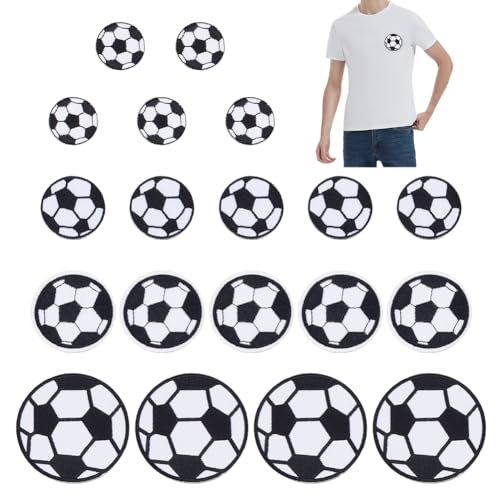 DICOSMETIC 20 Stück 4 Größen 3/4/5/7cm Fußball Patches Fußball Aufbügel Patches Schwarze Bestickte Aufnäher Zum Aufbügeln Oder Aufnähen Für Kleidung Jeans Jacke Hut Kleid von DICOSMETIC