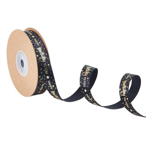 DICOSMETIC 20 Yards Happy Birthday Bänder 15 mm breit Satin-Druckbänder DIY Geschenkband schwarzes dekoratives Band mit Goldprägung für Schleifen, Partyzubehör von DICOSMETIC