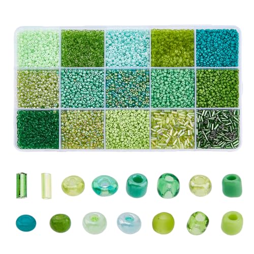 DICOSMETIC 219 g Grüne Rocaillesperlen 15 Stile Röhrenperlen Glasperlen Kleine Transparente Lose Perlen Kit Für Die DIY Schmuckherstellung 15 g Pro Stil von DICOSMETIC