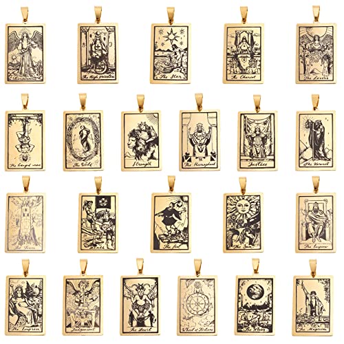 DICOSMETIC 22 Stücke Tarotkarte Anhänger Halskette Edelstahl Gravierte Vintage Tarot Muster Charme Goldene Farbe Rechteck Vintage Weissagung Zukunft Anhänger Für Schmuckherstellung, Bohrung: 8x4mm von DICOSMETIC