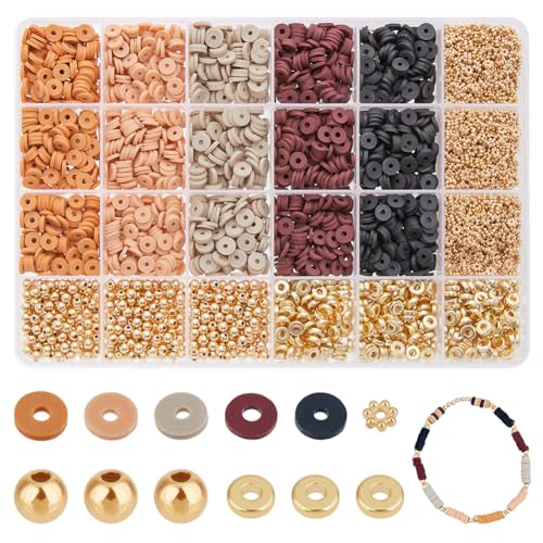 DICOSMETIC 2475 Stück Polymer Ton Perlen Heishi Perlen 6 Mm 500 Stück Flache Runde Perlen 15 G Goldene Kunststoffperlen 1500 Stück Blumen Abstandshalterperlen Für Armband Bastelset von DICOSMETIC