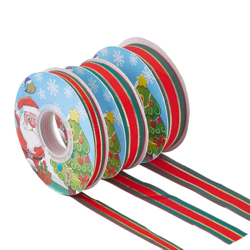 DICOSMETIC 3 Rolle 75 Yards Weihnachtsband 1.5/2/2.5cm Breit Grün Rot Band Verdrahtet Polyester Gestreiftes Band Geschenkverpackungsband Für Partybedarf Dekor von DICOSMETIC