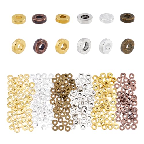 DICOSMETIC 300 Stück 5 Farben Flache Runde Abstandsperlen 6mm Flache Scheibenperlen Tibetische Legierungsperlen Rondelle Donut Lose Perlen Für Die Schmuckherstellung, Bohrung: 2.5mm von DICOSMETIC