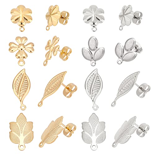 DICOSMETIC 32 Stück 4 Stile Blatt Ohrstecker In Gold Und Edelstahl Mit Ohrmuttern Blumen Ohrstecker Mit Schleife Hypoallergene Ohrstecker Für Die Schmuckherstellung 0.7mm Stift von DICOSMETIC