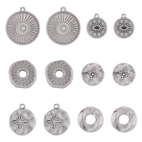 DICOSMETIC 36 Stück 6 Stile Flache Runde Charms Unregelmäßig Rund Mit Sonnenaugen Charms Perlen Strass Cabochon Fassungen Charms Edelstahl Charms Für DIY Schmuckherstellung von DICOSMETIC