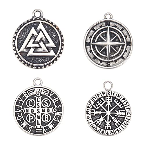 DICOSMETIC 4 Stück 4 Stile Valknut Rune Anhänger Set Antik Silber Wikinger Valknut Anhänger Flache Runde Norse Pagan Schmuck Edelstahl Charme Für Die Schmuckherstellung, Bohrung: 1.6~2 mm von DICOSMETIC