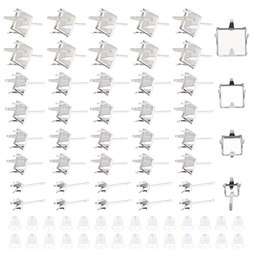 DICOSMETIC 40 Stück 4 Größen Edelstahl Quadratische Ohrring Krallen Fassungen Ohrring Blank Ohrstecker Mit 50 Stück Kunststoff Ohrmuttern Cabochon Basisfassung Für Die Schmuckherstellung von DICOSMETIC