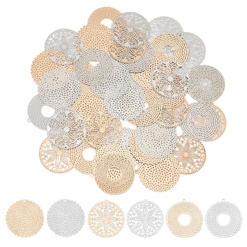 DICOSMETIC 48 Stück 3 Stile Flache Runde Anhänger Runde Filigrane Messing Charms Platin Hellgold Plattierte Blumen Charms Für Die DIY Schmuckherstellung, Bohrung: 1.2/1.4 mm von DICOSMETIC