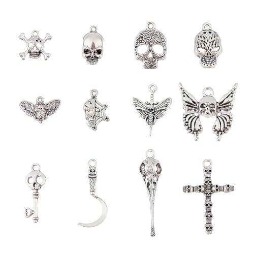 DICOSMETIC 60 Stück 12 Stile Halloween Anhänger Totenkopf Legierung Anhänger Tibetischen Totenkopf Anhänger Antik Silber Kreuz Schmetterling Spinnennetz Anhänger, Bohrung: 1.2-2.5mm von DICOSMETIC