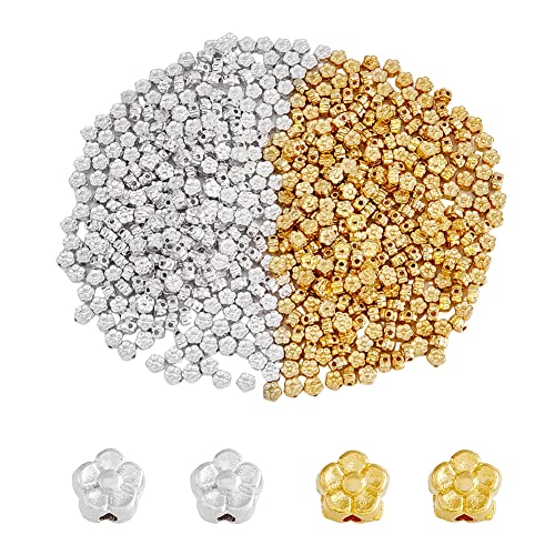 DICOSMETIC 600 Stück 2 Farben Blume Abstandshalter Perlen Golden Silber Blume Abstandshalter Lose Perlen Metallperlen 1 mm Loch Tibetische Sakuras Perlen Legierungsperlen Für DIY Schmuckherstellung von DICOSMETIC