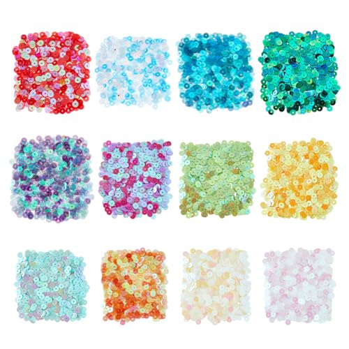 DICOSMETIC 6000 Stück 12 Farben Kleine Klare Pailletten Großpackung 5mm PVC Lose Pailletten Flache Runde Pailetten Flache Runde Nähpailetten Für DIY Kleidung Schuh DIY Bastelbedarf, Bohrung: 1 mm von DICOSMETIC