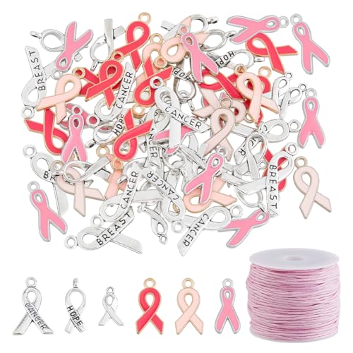 DICOSMETIC 90 Stück 6 Stile Awareness Ribbon Charm Anhänger Brustkrebs Awareness Anhänger Hoffnungsschleife Anhänger Emaillelegierung Awareness Anhänger Mit Gewachstem Band Für Schmuckherstellung von DICOSMETIC