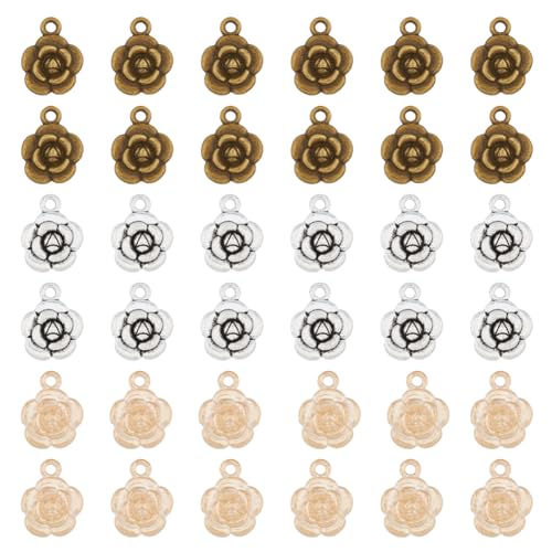 DICOSMETIC 90 Stück Rosenblüten Charms Tibetische Rosen Charms Antik Silber/Bronze/Hellgold 3D Rosen Anhänger Weihnachten DIY Schmuckherstellung, Bohrung: 2.5mm von DICOSMETIC