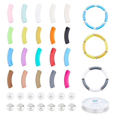 DICOSMETIC Acrylröhren-Perlen-Armband-Set mit 50 gebogenen Rohrperlen, 120 Stück, 2 Stile, flache, runde Abstandshalter und 1 Rolle elastischer Kristallfaden, klobige Bambusperlen für Bastelarbeiten, von DICOSMETIC