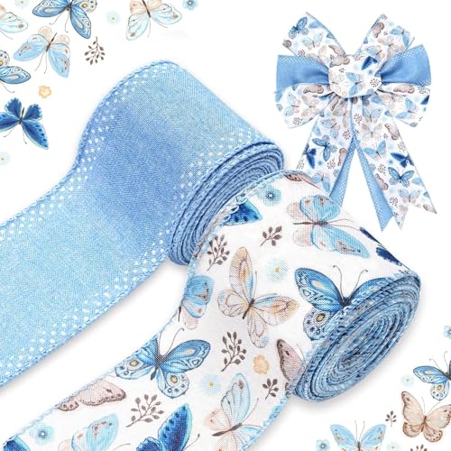 2PCS Blumenband mit Drahtrand, Band Wildblumen Blau, Retro Wildblumen Bastelband, Frühling Stoffband für DIY Schleifen Und Kränze, Geschenkverpackung, Party Dekoration, 4.5 M, Craft Ribbon von DIELOVEHUA