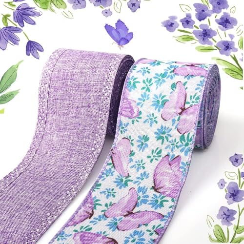 2PCS Blumenband mit Drahtrand, Band Wildblumen Lila, Retro Wildblumen Bastelband, Frühling Stoffband für DIY Schleifen Und Kränze, Geschenkverpackung, Party Dekoration, 4.5 M, Craft Ribbon von DIELOVEHUA