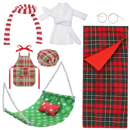 8 Stück Weihnachtself Zubehör, Weihnachten Elf Puppe Kostüm Zubehör, Weihnachts Kleidung für Mini Puppen, Schlafsack, Hängematte, Bademantel, Brille, Schal, Schürze, Kochmütze, Kissen von DIELOVEHUA