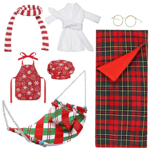 8 Stück Weihnachtself Zubehör, Weihnachten Elf Puppe Kostüm Zubehör, Weihnachts Kleidung für Mini Puppen, Schlafsack, Hängematte, Bademantel, Brille, Schal, Schürze, Kochmütze, Kissen von DIELOVEHUA