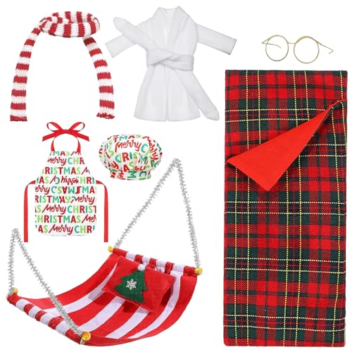 8 Stück Weihnachtself Zubehör, Weihnachten Elf Puppe Kostüm Zubehör, Weihnachts Kleidung für Mini Puppen, Schlafsack, Hängematte, Bademantel, Brille, Schal, Schürze, Kochmütze, Kissen von DIELOVEHUA