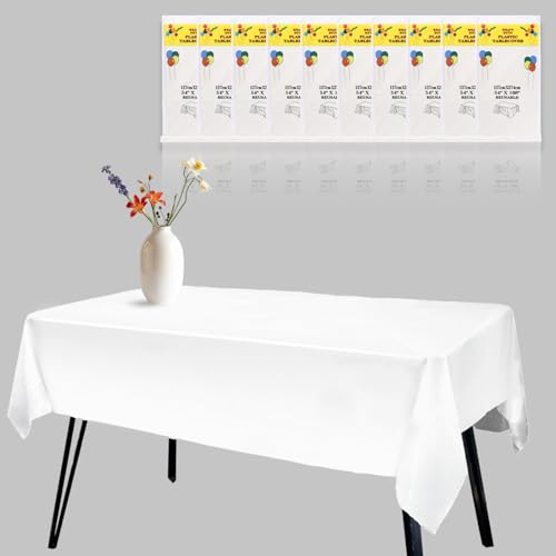 DIKARIYA Weiße Tischdecke Einweg-Tischdecken, 10er Weiß Tischdecke Outdoor, 137 * 274cm Rechteckige Tischdecke, PEVA, Wasserdicht Kunststoff-Tischdecke Weisse für Geburtstag, Hochzeiten, Party, Braut von DIKARIYA