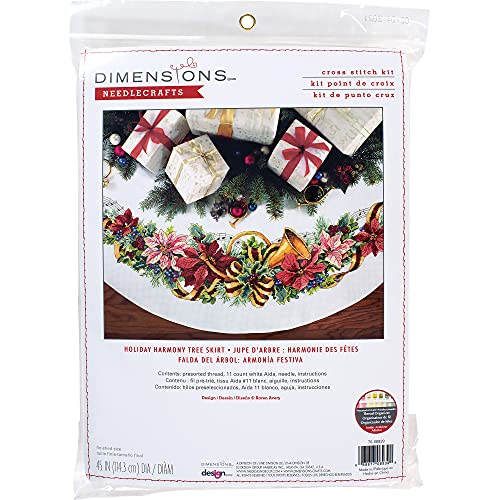 Dimensions 70-08939 Holiday DIY Counted Cross Stitch Christmas Tree Skirt Kit, 45" D, 11 Count White Aida Maße Urlaub Harmony Baum Rock Kreuzstich, weiß, 100% Baumwolle, 114.5 x 114.5 x 0.1 cm von Dimensions