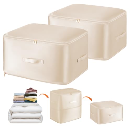 DIMJ Bettwäsche Organizer Aufbewahrung Bettdecken - Selbstkomprimierender Organizer Platz Sparen Compression, Aufbewahrungstasche Weicher Satinstoff für bettwäschen, Bettdecke, 2 Stück (Beige) von DIMJ