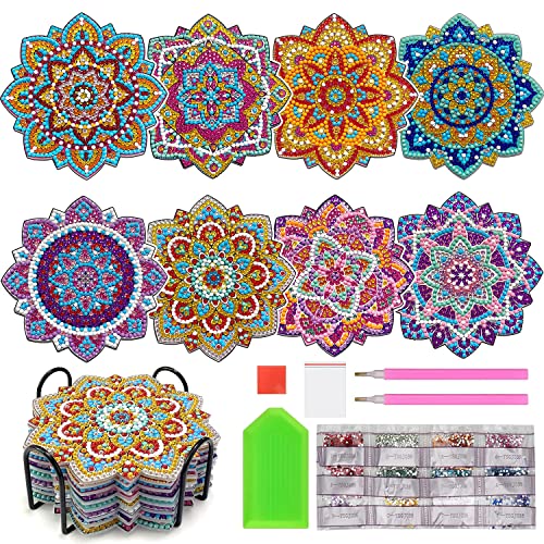 Diamond Painting Untersetzer, DINGHENG 8 STK Diamant Art Untersetzer in Blumenform mit Halter - Boho Deko Painting DIY Mandala Untersetzer Erwachsene Zubehör Set zum Basteln Für Gläser Vasen von DINGHENG