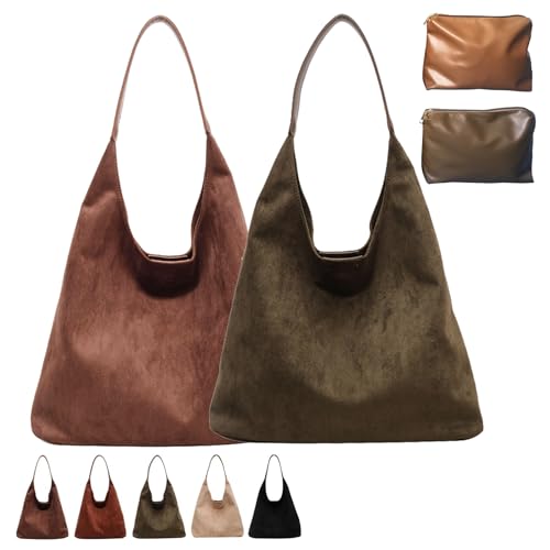 Suede Hobo Bag, Large Capacity Suede Shoulder Bag, Womens Suede Tote Bag, Retro Suede Slouchy Bag (2pcs-1) von DINNIWIKL