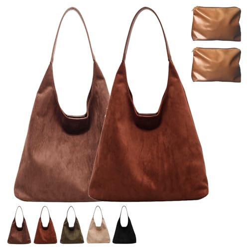 Suede Hobo Bag, Large Capacity Suede Shoulder Bag, Womens Suede Tote Bag, Retro Suede Slouchy Bag (2pcs-2) von DINNIWIKL