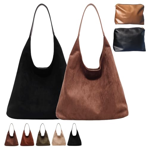 Suede Hobo Bag, Large Capacity Suede Shoulder Bag, Womens Suede Tote Bag, Retro Suede Slouchy Bag (2pcs-3) von DINNIWIKL