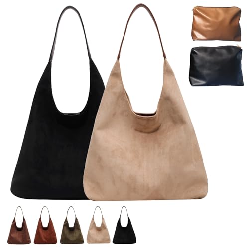 Suede Hobo Bag, Large Capacity Suede Shoulder Bag, Womens Suede Tote Bag, Retro Suede Slouchy Bag (2pcs-4) von DINNIWIKL