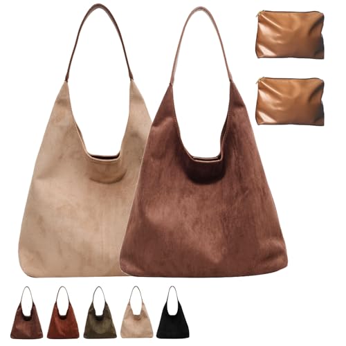 Suede Hobo Bag, Large Capacity Suede Shoulder Bag, Womens Suede Tote Bag, Retro Suede Slouchy Bag (2pcs-5) von DINNIWIKL