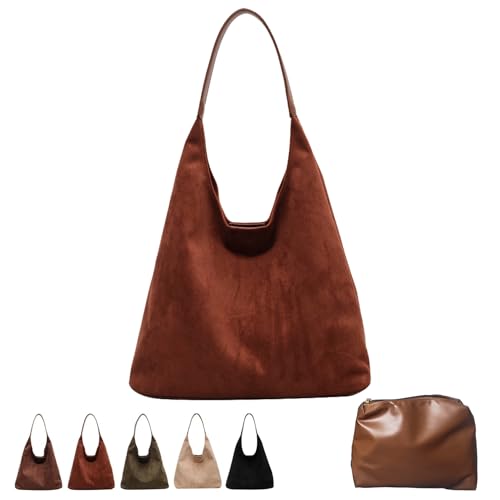 Suede Hobo Bag, Large Capacity Suede Shoulder Bag, Womens Suede Tote Bag, Retro Suede Slouchy Bag (Brown) von DINNIWIKL