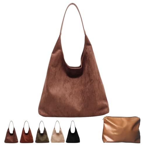 Suede Hobo Bag, Large Capacity Suede Shoulder Bag, Womens Suede Tote Bag, Retro Suede Slouchy Bag (Khaki) von DINNIWIKL