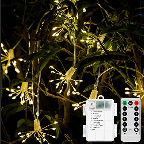 DINOWIN Feuerwerk Lichterkette Außen LED Wasserdicht Starburst Lichterkette Batteriebetrieben mit 8 Modi Fernbedienung für Weihnachten Halloween Innen Outdoor Garten Deko (10in1 200LED) von DINOWIN
