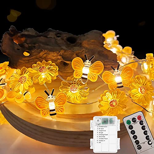 DINOWIN Honigbiene Fee Lichterkette Außen Batterie Wasserdichte Blüten Lichterketten Aussen mit 8 Modi Fernbedienung Weihnachtsbaum Lichterkette für Hochzeitsfeier Festival (16.4ft 50LED) von DINOWIN