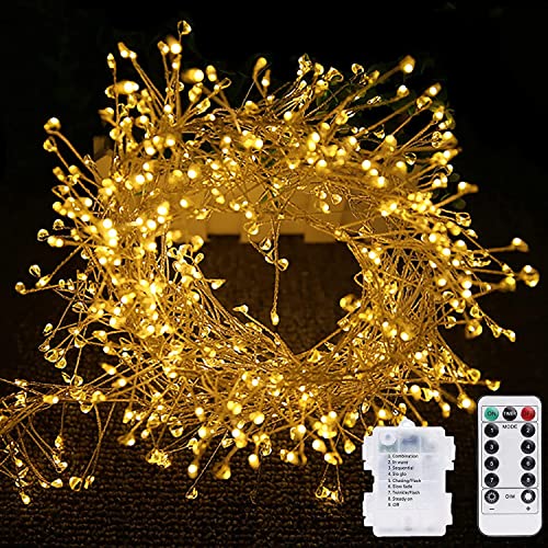 DINOWIN LED Cluster Weihnachten Lichterkette 29.5Ft 300 LED Firecracker Led-Leuchten Batteriebetrieben 8 Modi Weihnachtsbaum mit Fernbedienung Deko für Hochzeit Party Schlafzimmer (Warmweiß) von DINOWIN