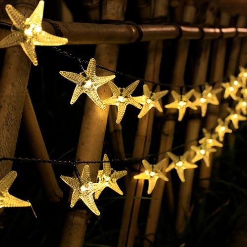 DINOWIN LED Lichterkette 9.8ft 20 LED Seestern Feenbeleuchtung Batterie Maritime Fischernetz Deko Garten Bad Badezimmer Schlafzimmer Hochzeit Party Deko (Warmweiß) von DINOWIN