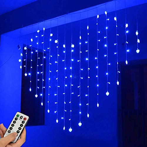 LED Lichtervorhang Herzförmig, DINOWIN 34 Herz 128LED 8 Modi Sterne Lichterketten USB Lichterkettenvorhang für Weihnachten, Innen Außen Garten Party Hochzeit, Partydekoration (Blau) von DINOWIN