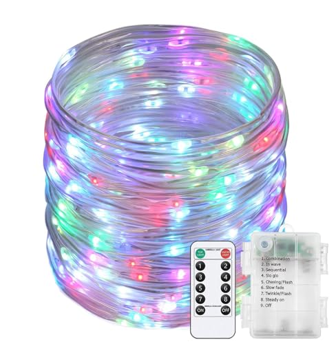 DINOWIN LED Schlauch Lichterkette Batterie Wasserdicht Lichterkette Draht mit Fernbedienung 8 Modi und Timer Lichtschlauch für Innen Außen Zimmer Party Garten (Vielfarbig, 10M 100LED) von DINOWIN