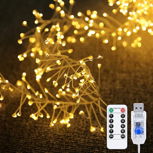 DINOWIN Led Büschel Lichterkette USB-betrieben 9.8Ft 100 LED Cluster Kupferdraht Lichterkette mit 8 Modi Fernbedienung für Weihnachtsbaum Schlafzimmer Feste Hochzeiten (Warmes Weiß) von DINOWIN