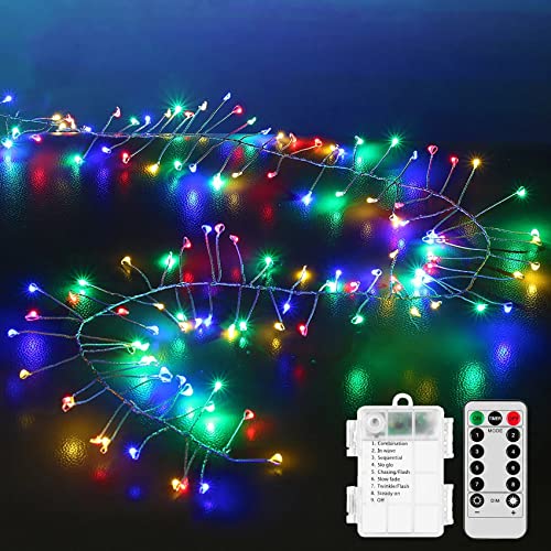 DINOWIN Led Lichterkette mit Fernbedienung 9.8Ft 100 LED Cluster Kupferdraht Lichterkette Batterie Strombetrieben 8 Modi Weihnachtsbaum Lichterketten für Schlafzimmer, Feste, Hochzeiten (Vielfarbig) von DINOWIN