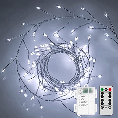 DINOWIN Led Lichterkette mit Fernbedienung 9.8Ft 100 LED Cluster Kupferdraht Lichterkette Batterie Strombetrieben 8 Modi Weihnachtsbaum Lichterketten für Schlafzimmer, Feste, Hochzeiten (Weiß) von DINOWIN