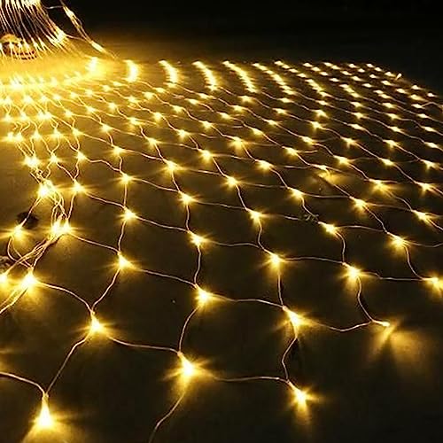 DINOWIN Lichternetz Außen Batteriebetrieben 1.5x1.5M 96LED Garden Net Lichter 8 Modi Dekoration Beleuchtung Wasserdicht Netz Lichtervorhang für Halloween Weihnachten Hochzeit Party (Warmweiß) von DINOWIN