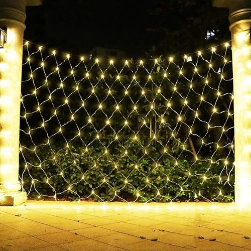 DINOWIN Lichternetz Außen Batteriebetrieben 2x3M 192LED Garden Net Lichter 8 Modi Dekoration Beleuchtung Wasserdicht Netz Lichtervorhang für Halloween Weihnachten Hochzeit Party (Warmweiß) von DINOWIN